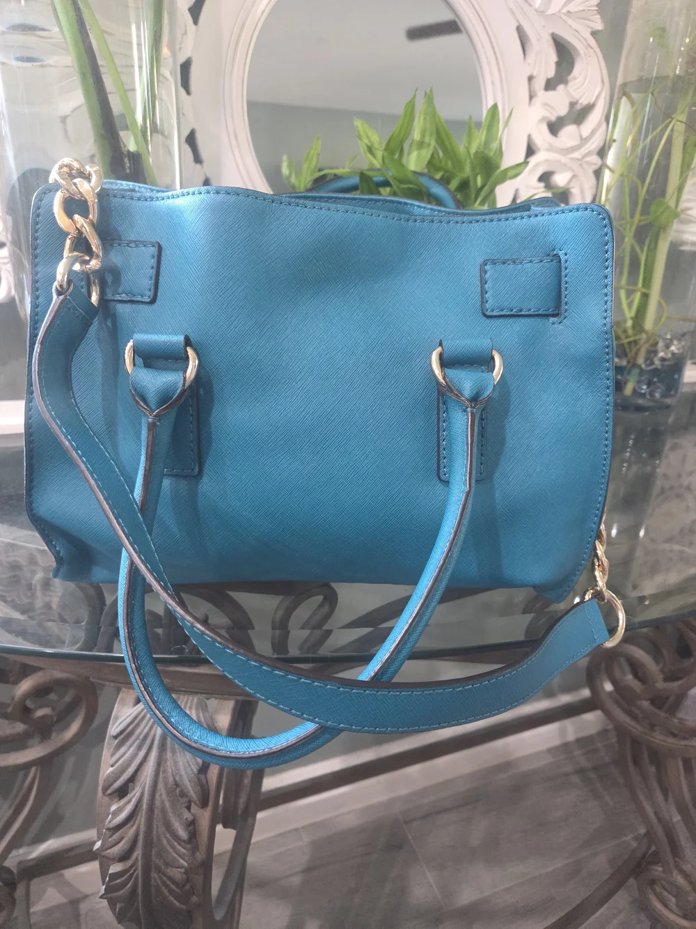 Michael Kors Teal Saffiano Leather Shoulder Bag with Gold Hardware